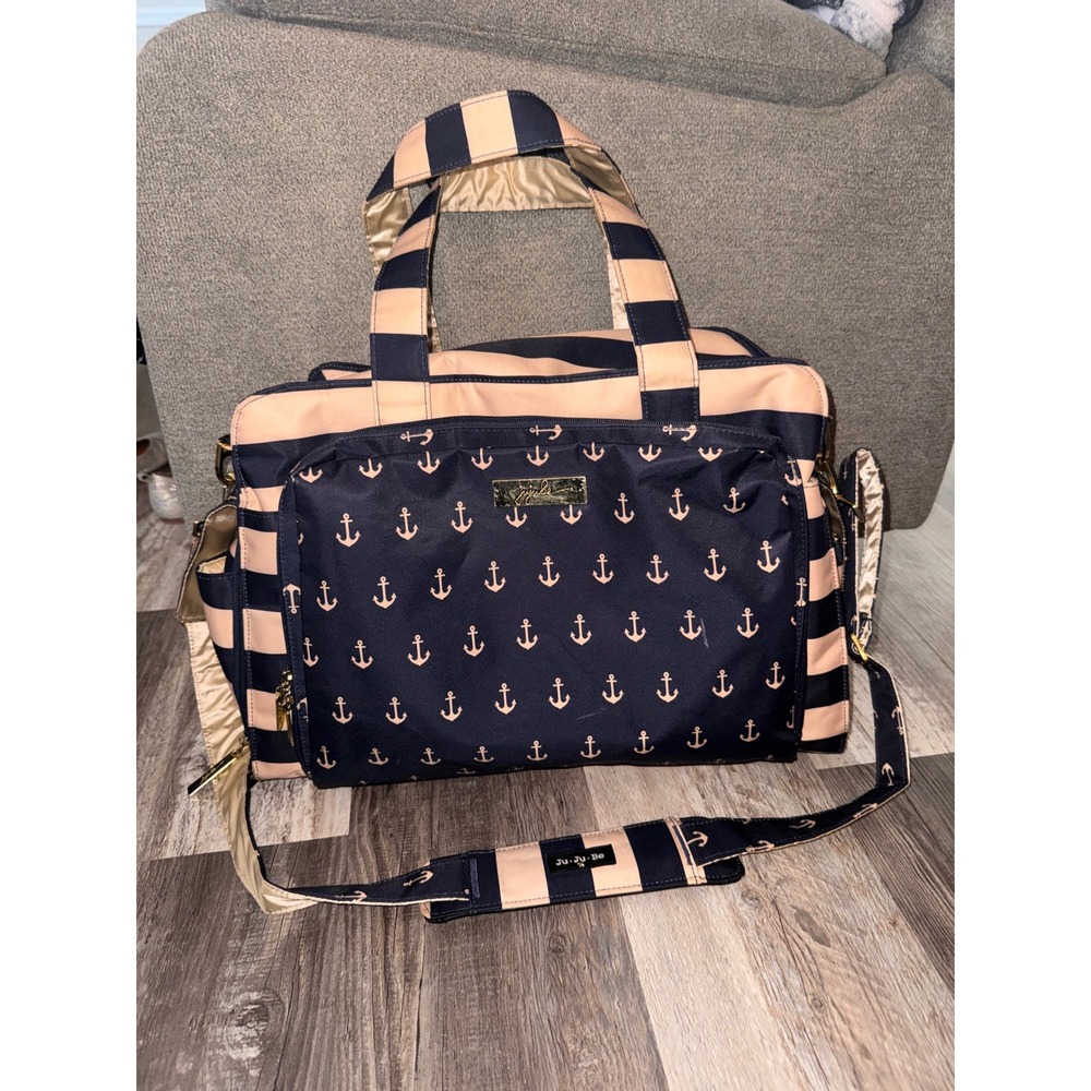 JuJu Be Nautical Anchor Diaper Bag Tote Navy Peach Striped Gold‎ Accents
